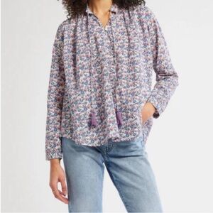 Mille Blue Pink Floral 100% Cotton Joni Bohemian Peasant Top In Bluebell M